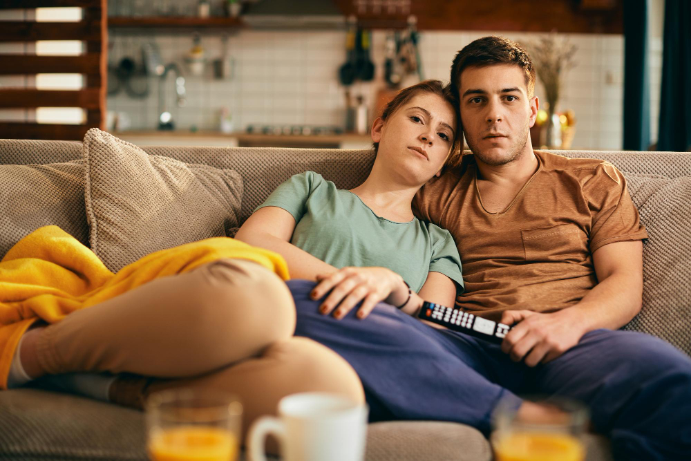 manhã de domingo casal assistindo filmes de terror apartamento assombrado